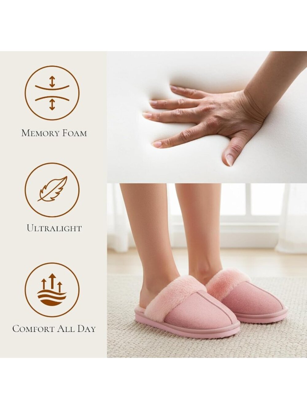 Women Pink Cozy Faux Fur Winter Warm Memory Foam Slippers for Indoor Outdoo - Picture 5 of 6